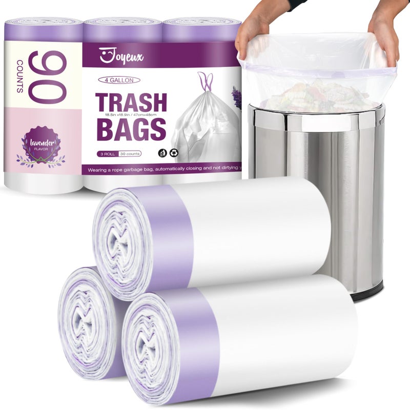 JOYEUX Small Trash Bags 4 Gallon 90 Count Drawstring Small Garbage Bags White Mini Trash Can Liners for Bathroom Bedroom Office Faint Scented